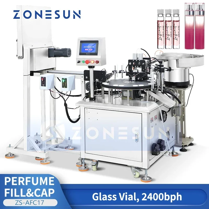 ZONESUN 2400bph Automatic Rotary Perfume Bottle Filler Capping Machine Ceramic Pump Small Volume Glass Vial EDP Line ZS-AFC17