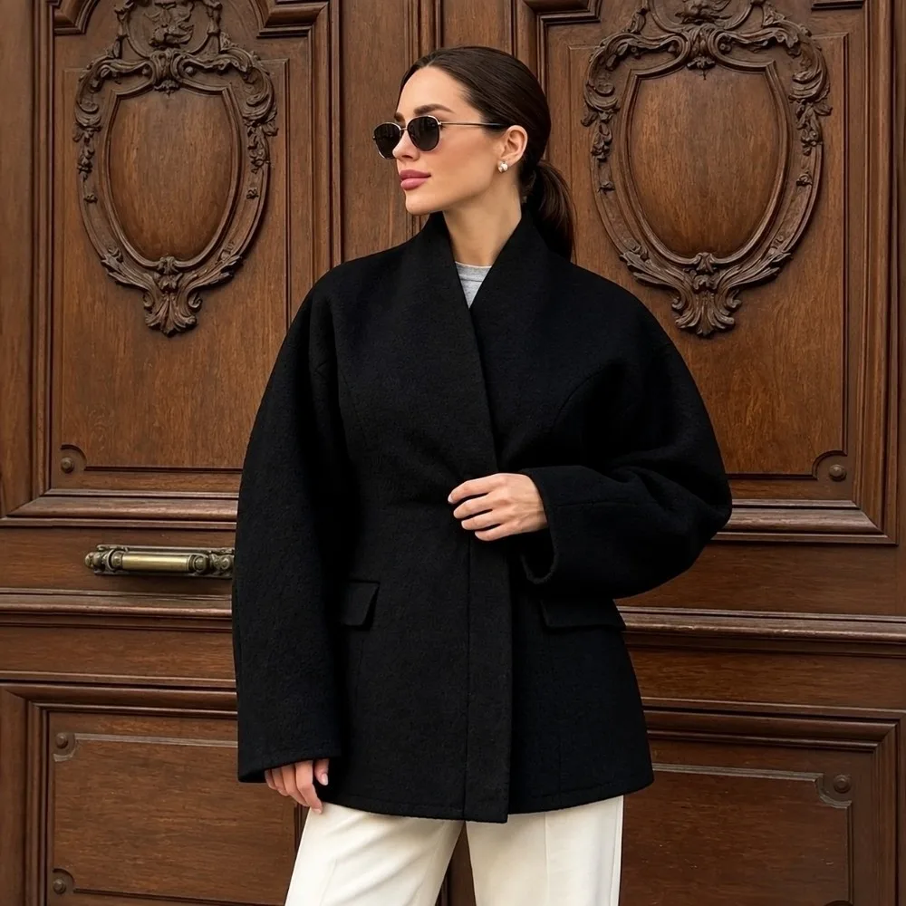 Short Length Women Short Wool Coat Fitted Waist Bubble Sleeve Wrap Neck Overcoat Women Winter Wool Outercoat Casual Gathering