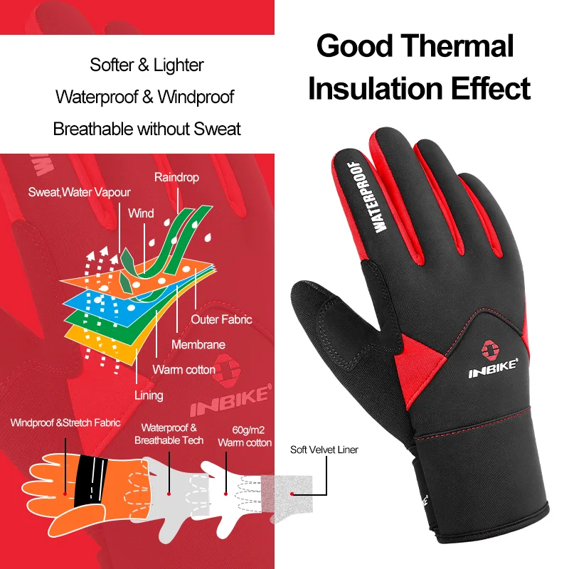 INBIKE-Gants de Cyclisme Thermique pour Homme et Femme, Coupe-Vent, Doigt Complet, Imperméable, Vélo de Route, Écran Tactile, Chaud, Hiver