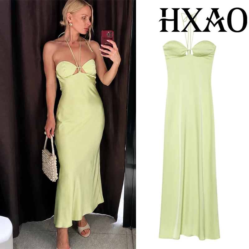 HXAO Neckholder-Satinkleid für Damen, Sommerkleid, elegantes Partykleid, ärmellos, grün, langes Hochzeitsgastkleid, rückenfrei, Resort-Kleidung