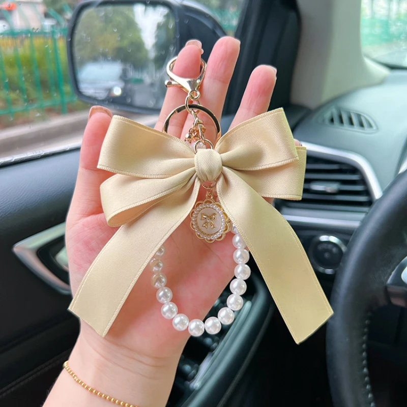 

New Large-size Pearl Bow Car Keychain Pendant Handmade Colorful Webbing Cloth Packaging Decoration Pendant
