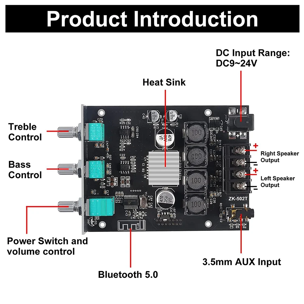 Audio Amplifier Board ZK-502T Bluetooth 5.0 50W+50W 2.0 Channel AUX BT Stereo Amp Module DC12-24V