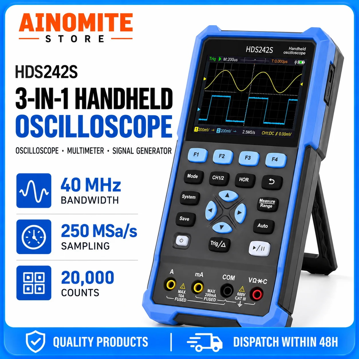 Handheld Automotive Oscilloscope Multimeter, 2 Channels, 40MHz Bandwidth, 250MSa/s Sampling Rate, 20000 Counts, 3 in 1