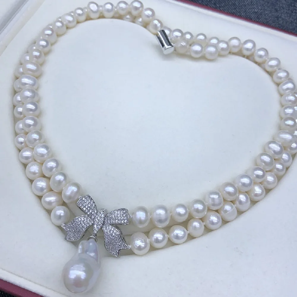 2-Row Pearl Necklace AAA 8-9mm+15x20mm Natural South Sea Round Pearl Necklace 925s 19-20inch