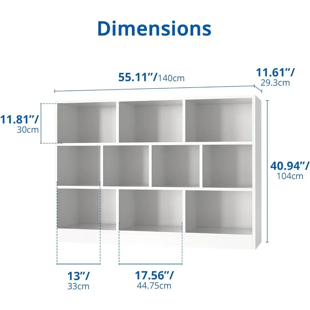 White Bookshelf, 3-Tier Open Shelf Bookcase, 10 Cube Storage Organizer with Anti-Tilt Device for Bedroom