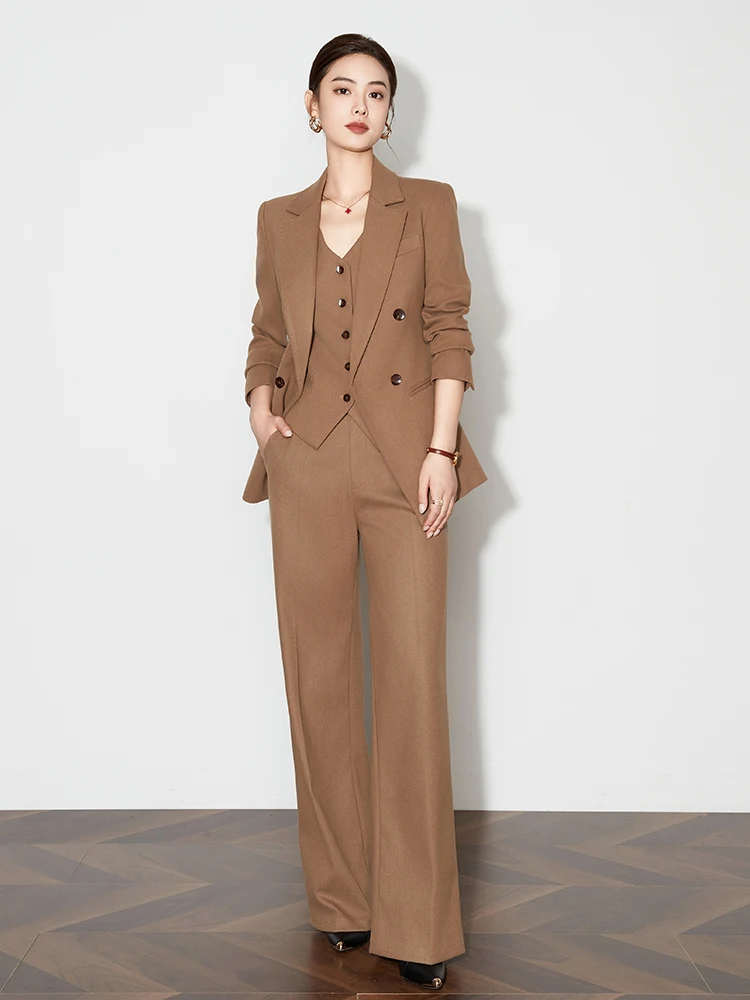 

Autumn Winter Thiened Warm Khaki Woolen Suit Vest Wide Leg Pants Tee Piece Set Slimming Busin Office Workwear Ensemble