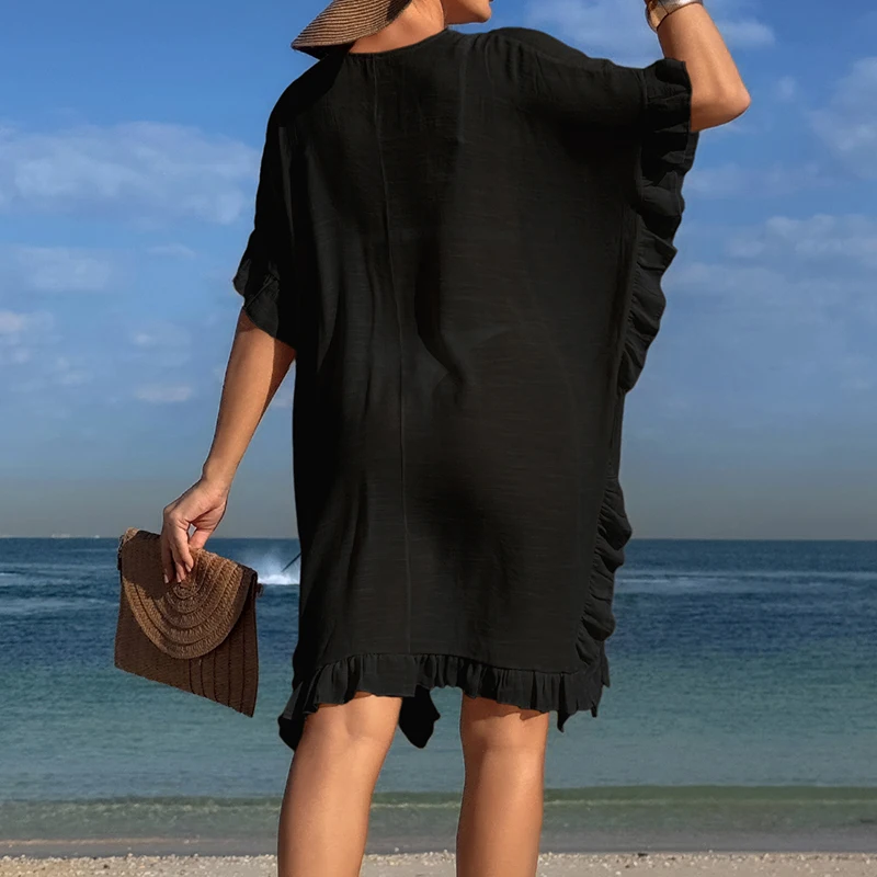 Abito sottoveste in tinta unita lavorato a maglia da donna Copricostume da spiaggia scavato con decorazione floreale Abito con protezione solare alta con spacco sexy
