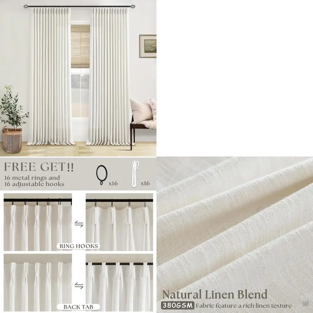 

Натуральные кремовые льняные шторы, длина 102, плиссированные с крючками, конфиденциальность и светофильтр для гостиной и спальни, набор из 2 шт.