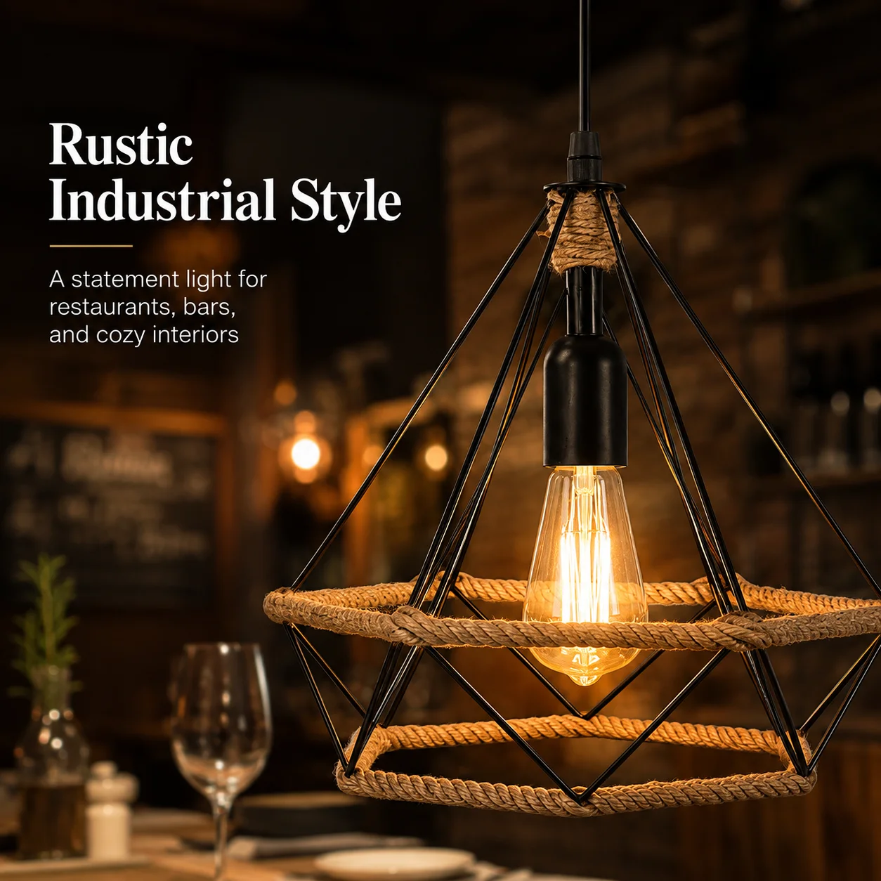 JOYINLED Dia. 25cm Hemp Rope Metal Pendant Light Rustic Geometric Cage Hanging Lamp with E26/E27 Socket for Kitchen, Dining Room