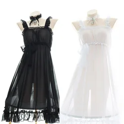 See-through Chiffon Dress Women Sexy Sling Skirt Lolita Girls Cute Bride Cosplay Costume Erotic Lingerie Pajamas With Collar Set