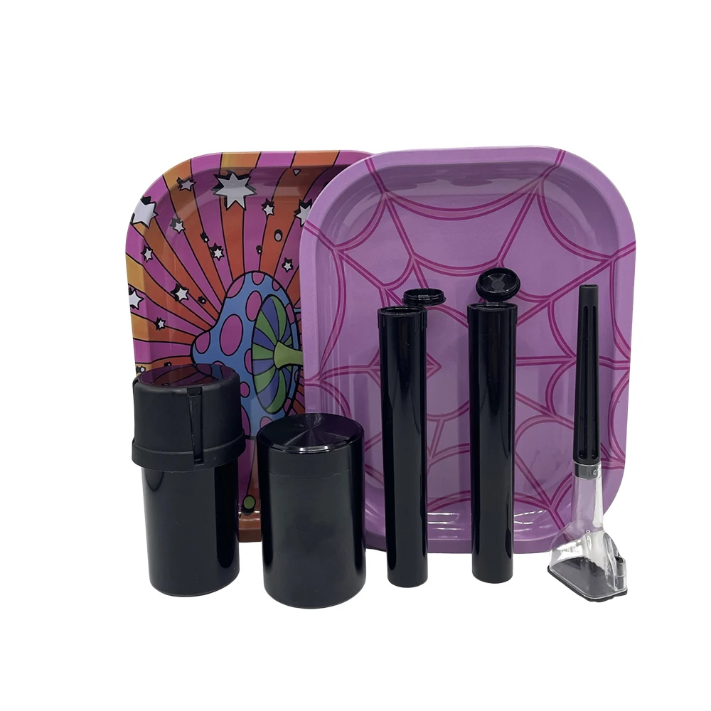 6 Packs Tobacco Metal Rolling Tray Kit 50mm Grass Grinder Crusher Smoke Herbal Set 116mm Plastic Cigar Storage Tube Container
