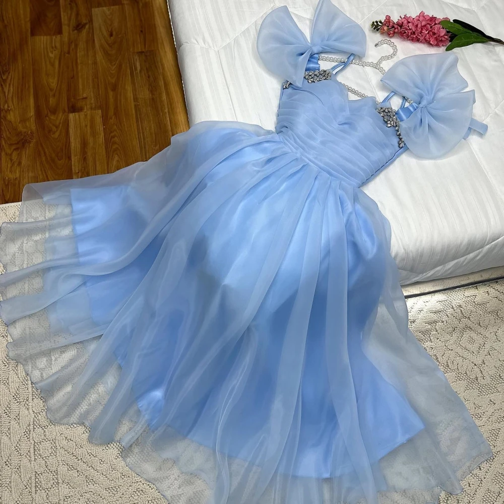 Customized Chiffon Bow Beading Party A-line Boat Neck Bespoke Occasion Gown Midi Dresses