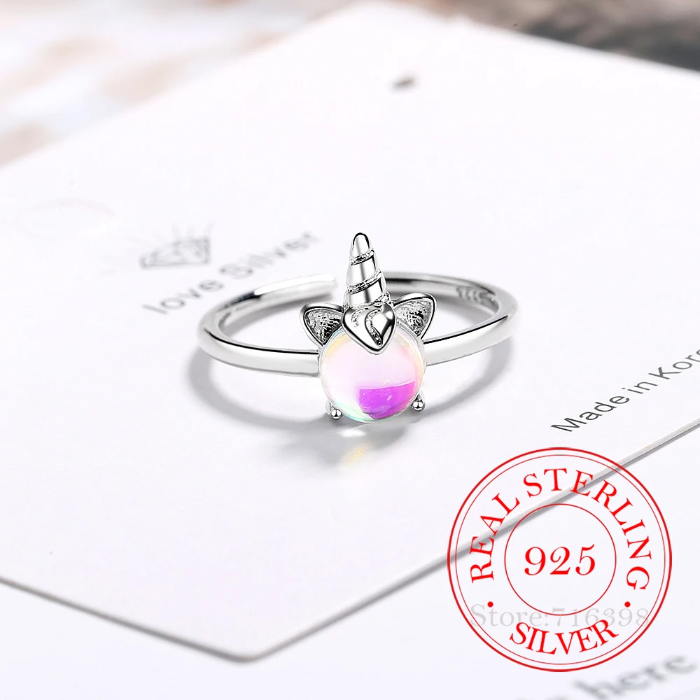 Anillo coreano de Plata de Ley 925 con piedra lunar de unicornio para mujer, joyería con dijes de regalo para fiesta de compromiso y boda