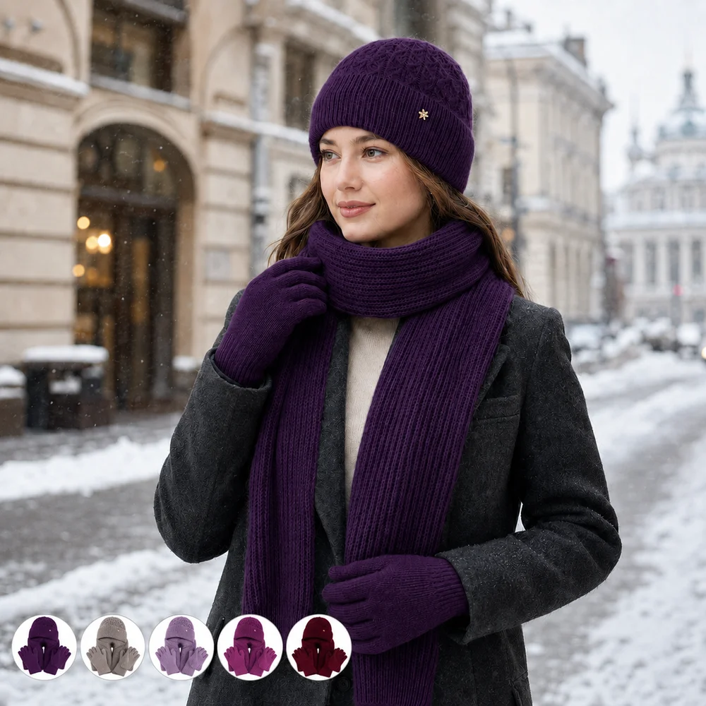 3Pcs Women’s Winter Knit Set Warm Beanie Hat Long Scarf Touchscreen Gloves Soft Thermal Outdoor Cold Weather Accessories