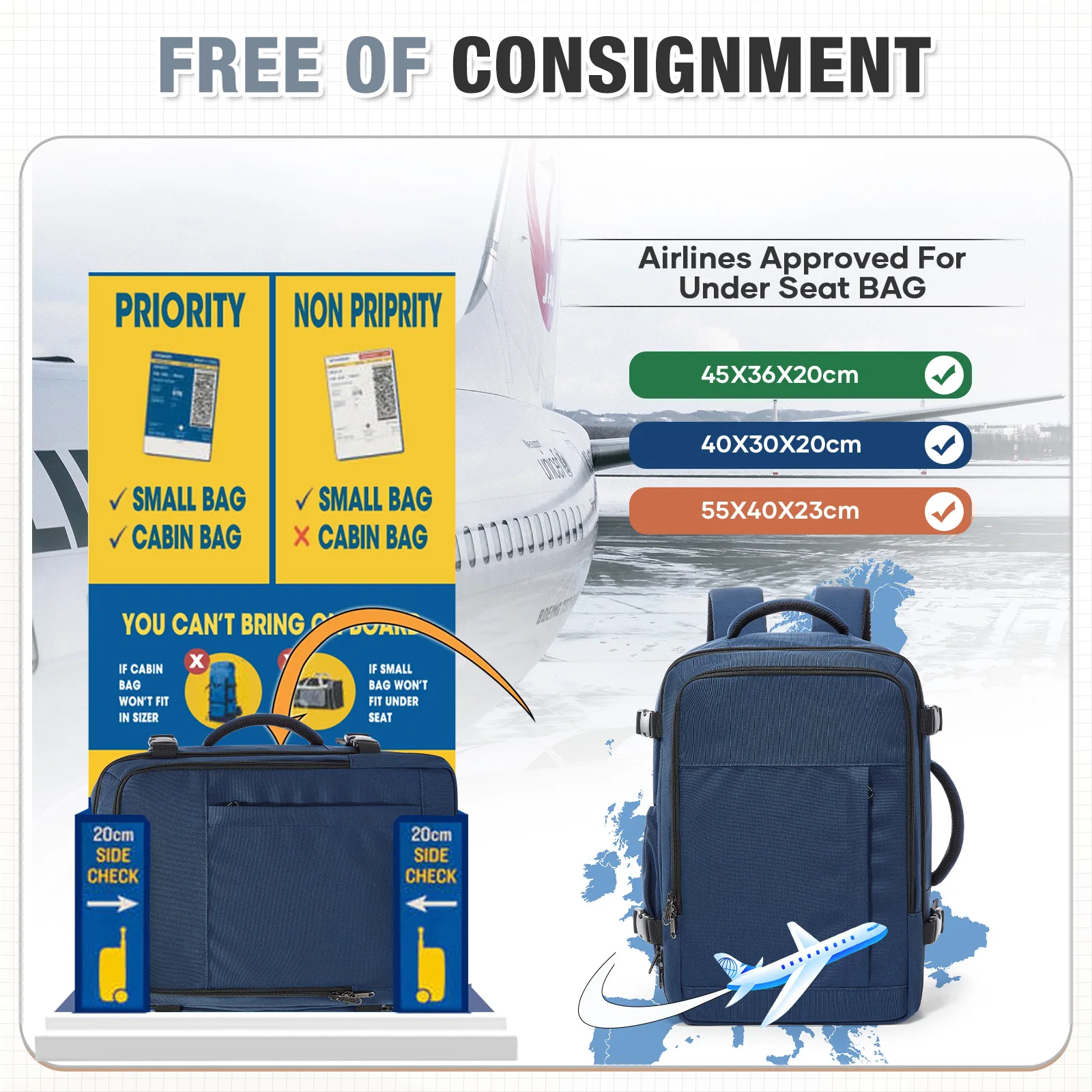 حقيبة ظهر للأمتعة اليدوية مقاس 40 × 30 × 20 طائرة كابينة للسفر لـ Ryanair 24L حقيبة ظهر للسفر للرجال والنساء، حقيبة ظهر للكمبيوتر المحمول Cabin15.6 بوصة #3