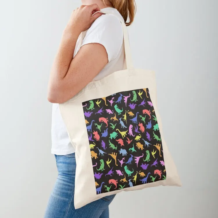 

Fun Dinosaur Pattern (Black Background) Tote Bag hand bags reusable shopping bag Shopper Candy bags