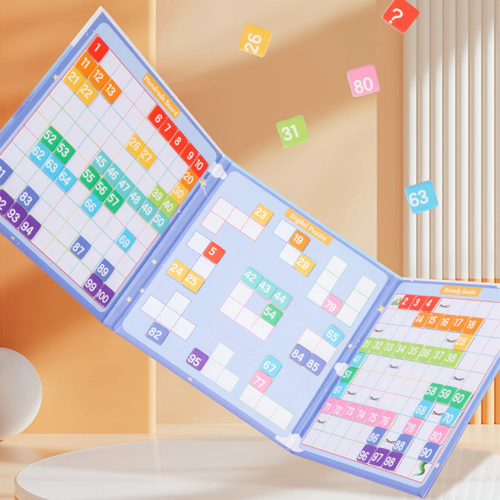 3-in-1 Magnetic Numbers Toy Puzzle, Hundreds Board/Digital Puzzle/Greedy Snake Game, 1-100 Mathematics Teaching Aids