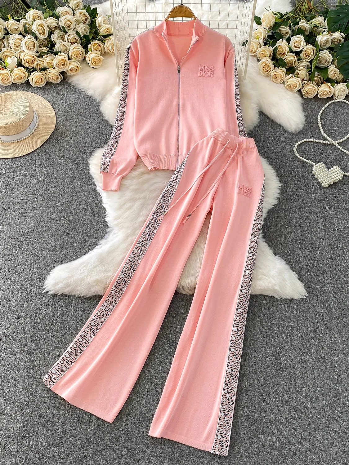 

Spor Knitted Set for Women Casual Autumn Winter High Waist Slimming Wide Leg Pants Zipper Collar Long Sve Outerwear
