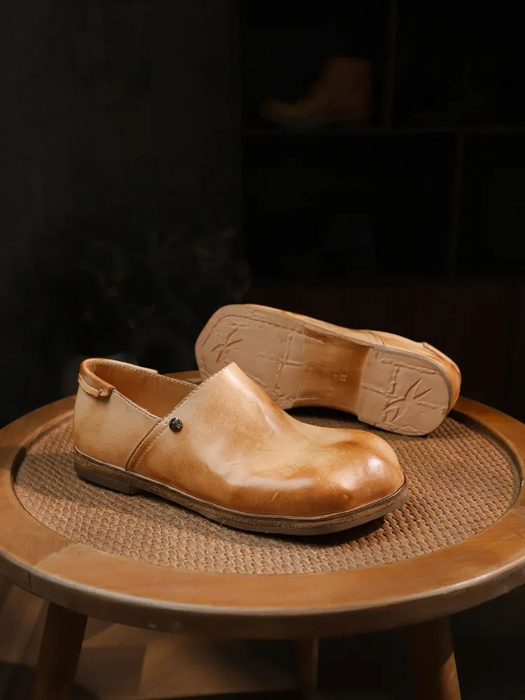 Men Daily Dress Shoes Retro Hand-Polished Genuine Leather Loafers Comfortable Casual Slip-On Shoes