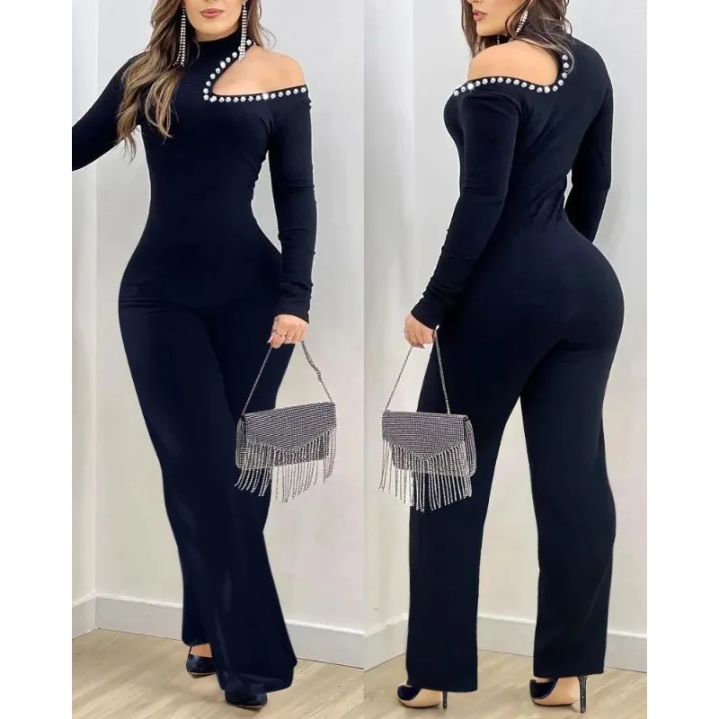 

Rhinestone Jumpsuits Women Cold Shoulder High Neck High Waist Rompers Jumpsuit Long Sleeve Slim Fit Flared Pants Jumpsuit