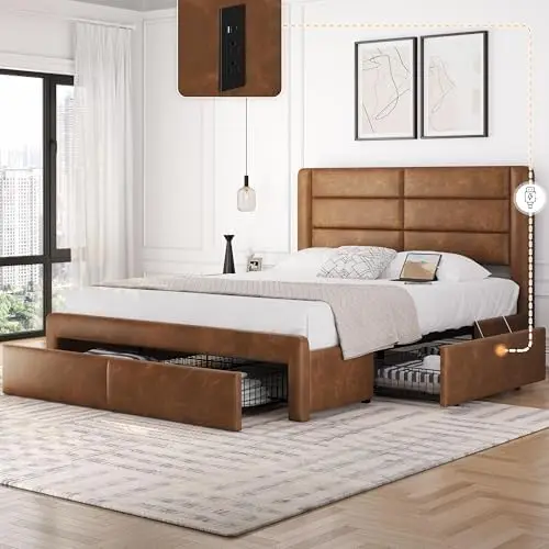 Queen Upholstered Bed Frame with Storage & Charging, Amber Brown | Steel frame with PU leather upholstery features 3
