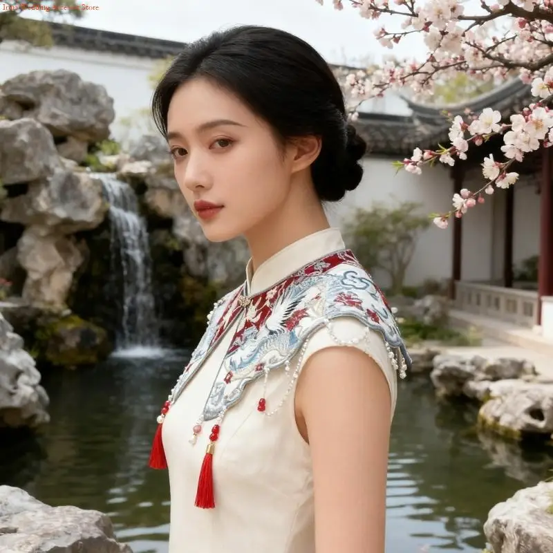 G92D Stylish Detachable Embroidered Collar With Bead Embellishments Soft Polyester Fabric For Blouses And Dresses