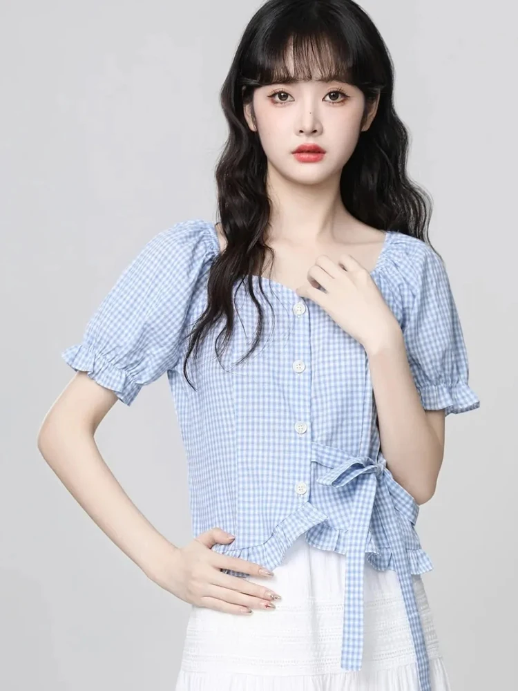 

Jmprs Cute Blue Plaid Blouse Women Sweet Vintage Slim Square Collar Shirt Casual Preppy Style Female Korean Retro Summer Tops