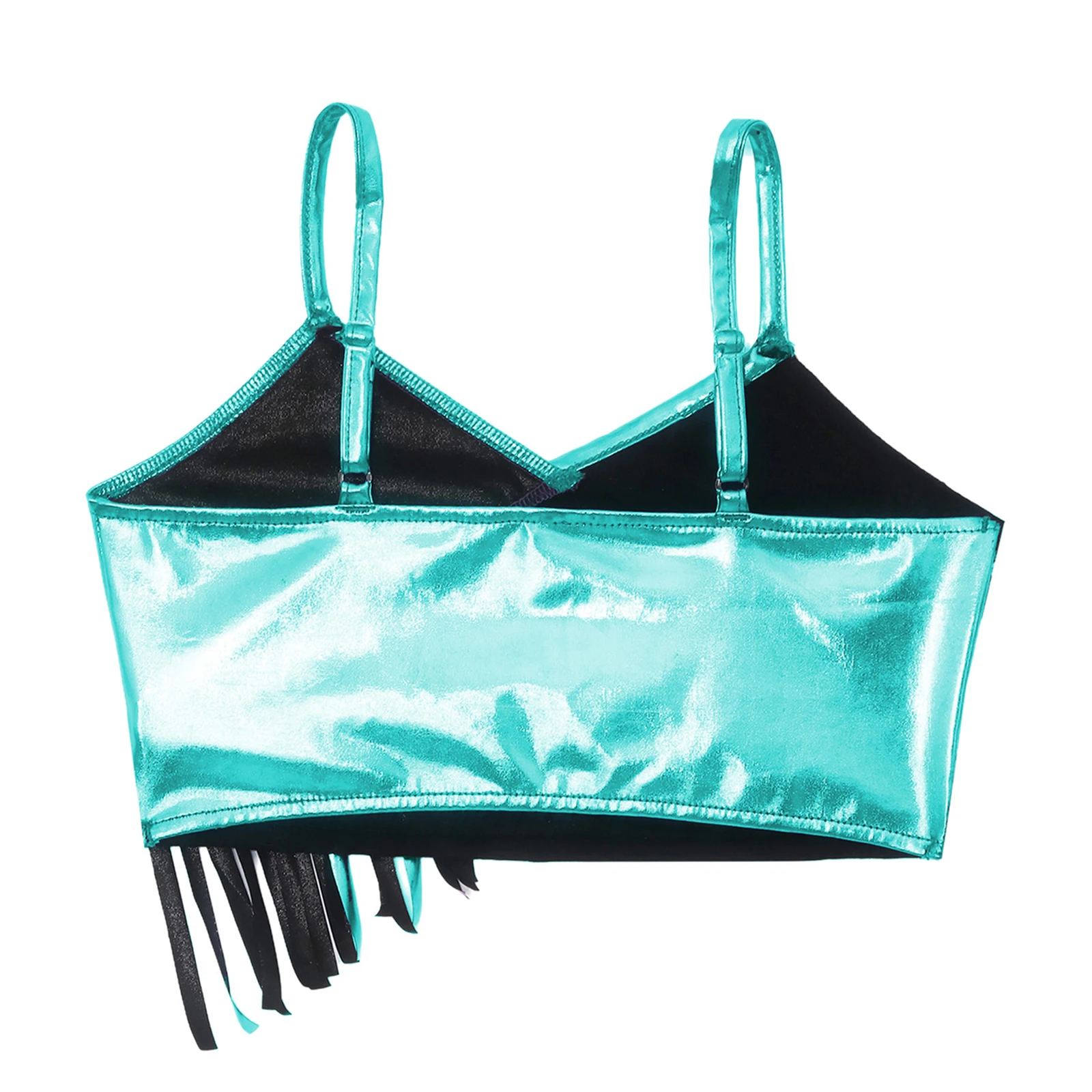 Kids Girls Camisole Adjustable Spaghetti Straps Sleeveless V-neck Sparkly Sequin Tassels Crop Top for Disco Dance Performance