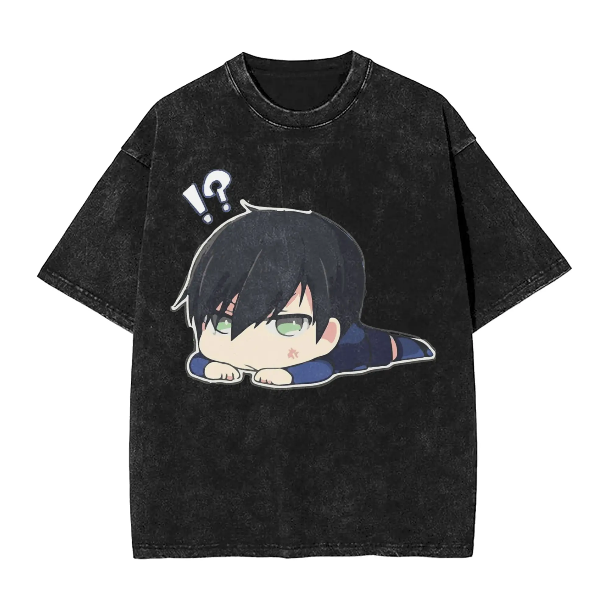 Blue Cute Chibi Hyoma Chigiri Locks Washed T Shirt Streetwear Hip Hop Vintage T-Shirt  Tee Shirt Men Women Short Sleeve Harajuku