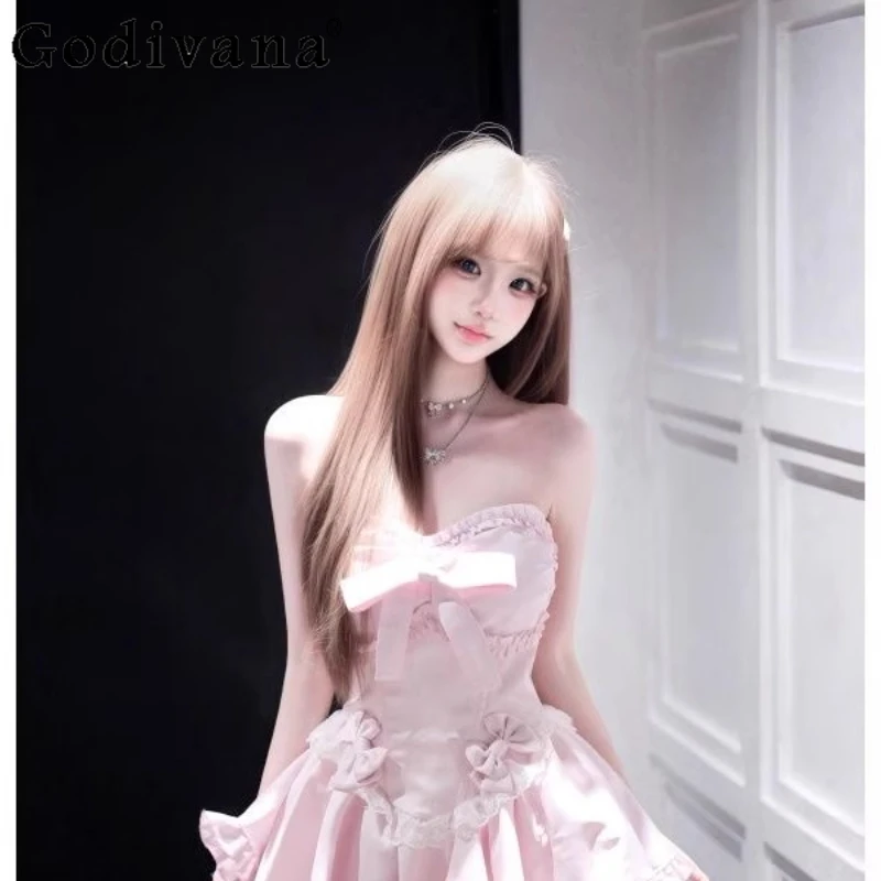 Estate nuovo dolce rosa ragazze vestono puro desiderio design senza spalline abito carino fiocco da donna vita dimagrante abito corto Lolita