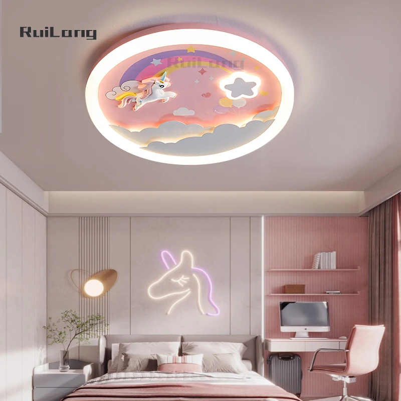 Kids Room Ceiling Light Unicorn Stars Rainbow Cloud Cartoon Pink Chandelier Princess Girls Bedroom Lamp Ceiling Led Plafondlamp