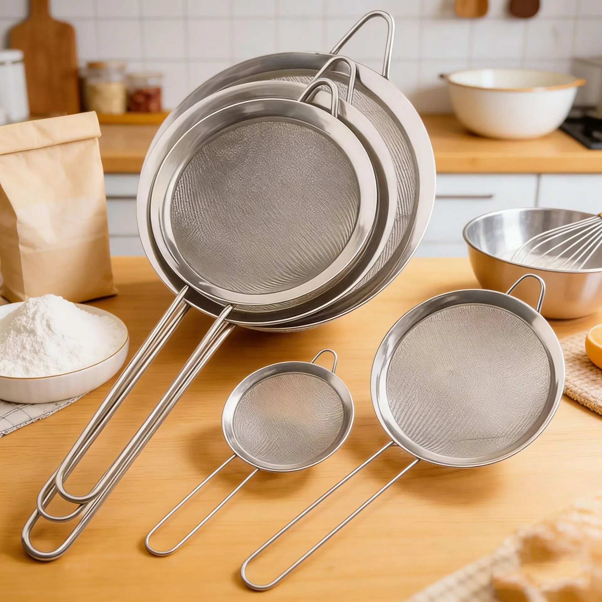 Stainless Steel Handheld Flour Sieve, Ultra-Fine Mesh Sieve, Household Baking Sugar Powder and Egg Liquid Filtering Spoon, Large, Medium, Small Sizes