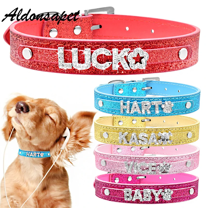 

Personalized Bling Rhinestone Name Cat Dog Collar Custom Glitter Diamond Name Leather Dog Collars for Small Medium Large Dogs