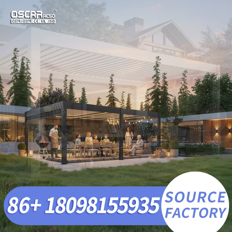 Motorized Aluminum Bioclimatic Pergola with LED Lights and Sliding Glass Doors Adjustable Louvered Roof Outdoor Patio Gazebo for