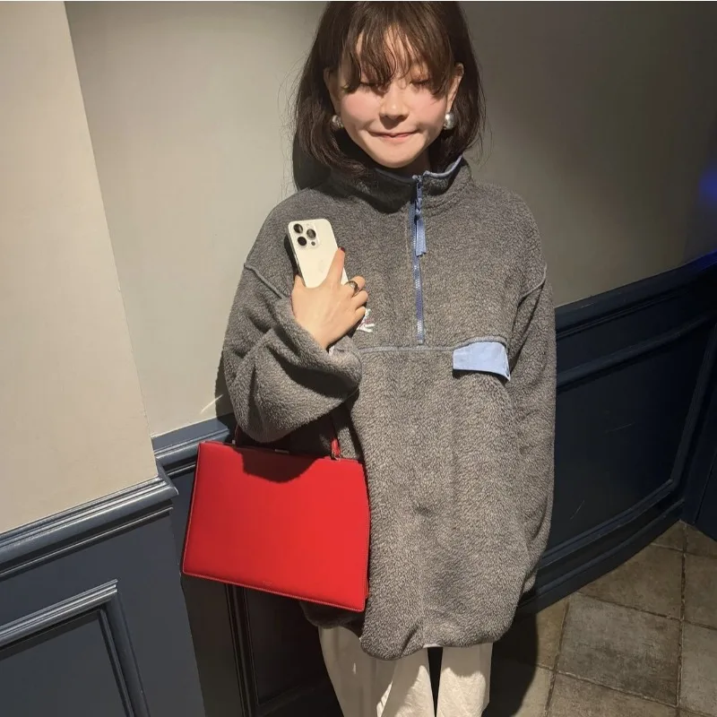 Polar Fleece Stitching Zipper Stand-up Collar Sweater Lamb Embroidery Loose Long Coat