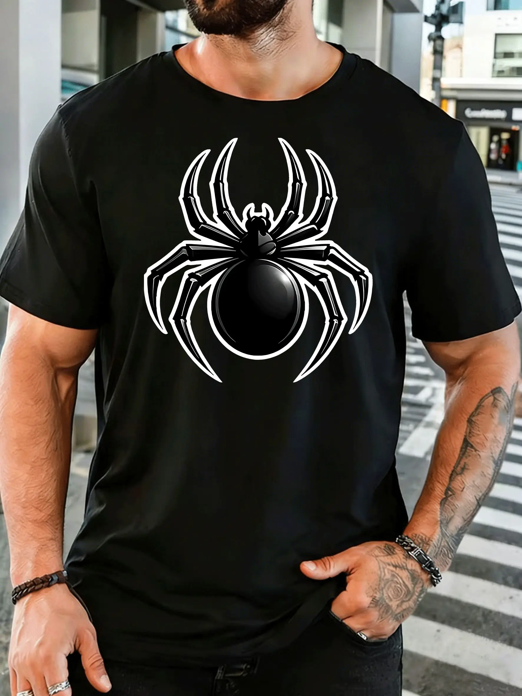 Black Spider With White Outline Mens Front Print T Shirt Creepy Insect Graphic Tee Casual Short Sleeve Horror Style Lover Gift