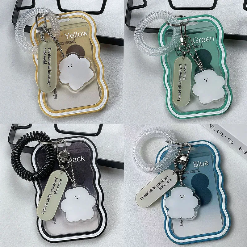 Cute Wavy Edge Photocard Holder with Spring Coil Lanyard Cloud Charms ID Card Badge Holder Kpop Card Cover Bag Pendant for Girls
