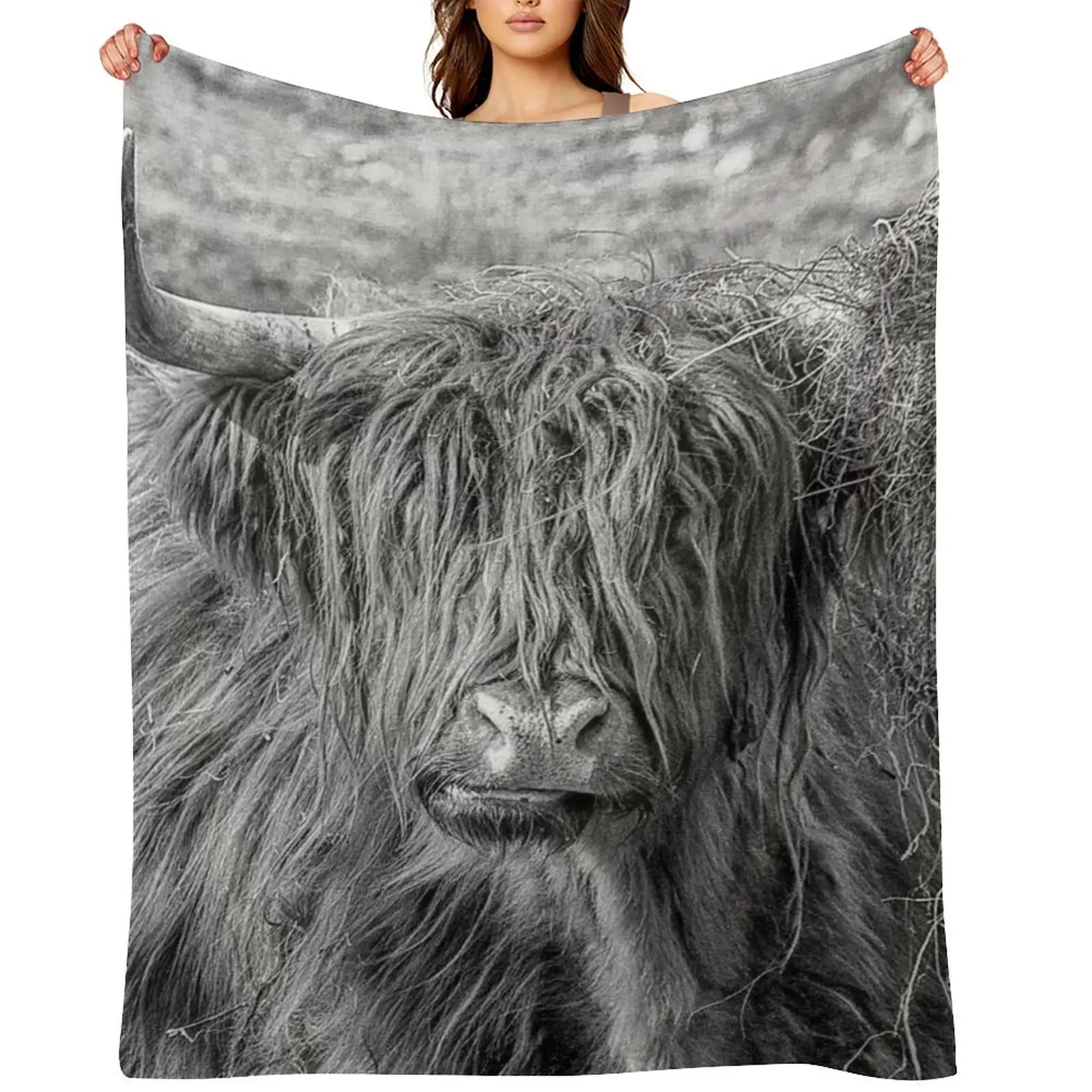 

Black and white Scottish Highland cow Throw Blanket Polar Hair Retros Blankets