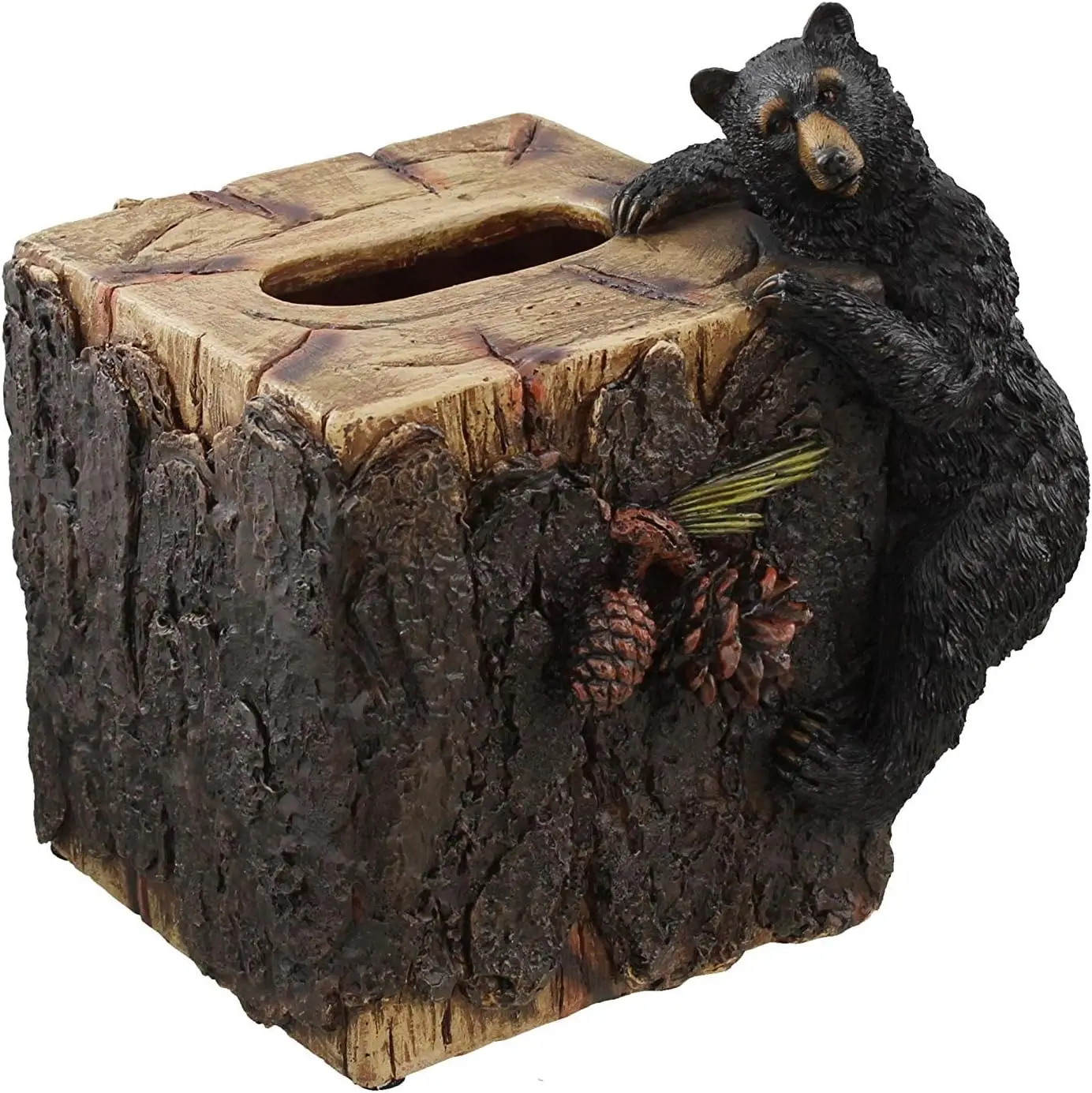 

Rustic Square Tissue Box Cover with Decorative Black Bear and Pinecone Design for Home Decor
