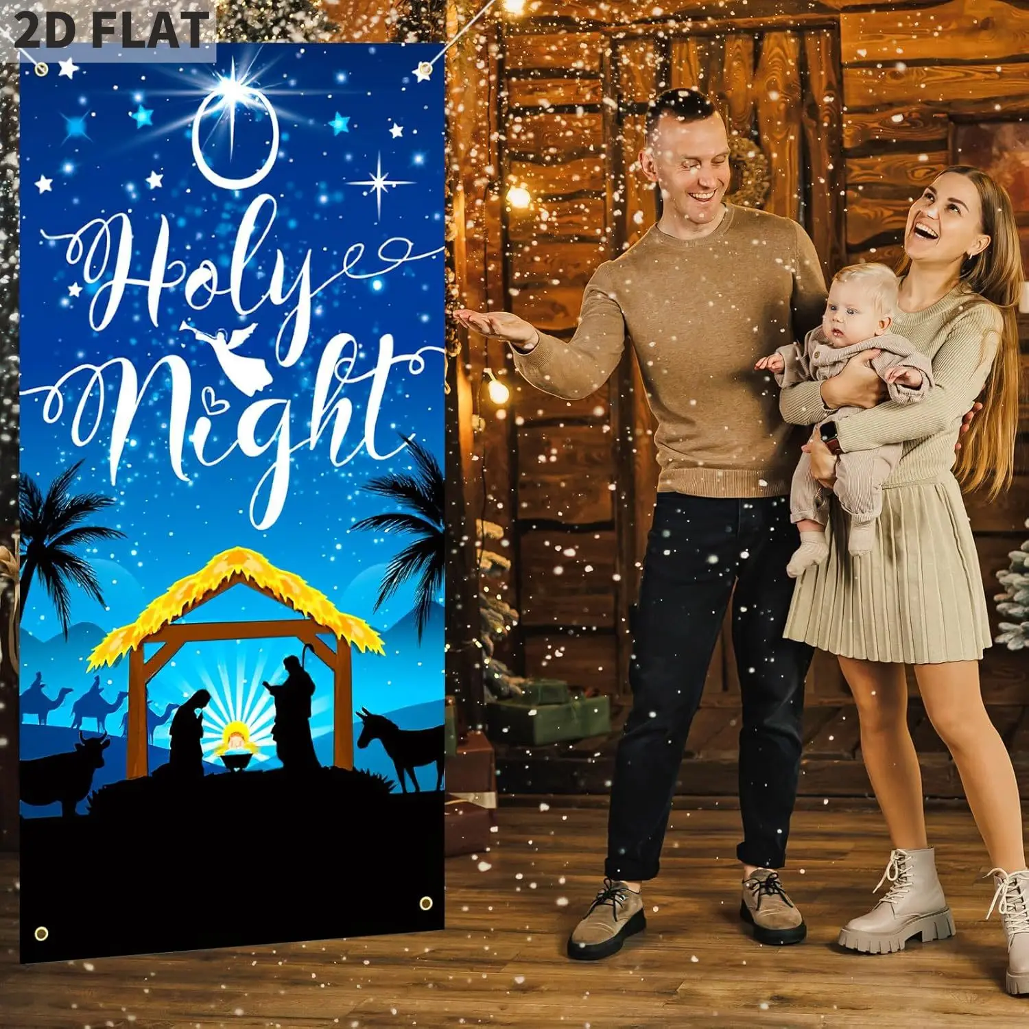غطاء باب الليل المقدس لعيد الميلاد - لافتة مشهد المهد باللون الأزرق الداكن لمستلزمات حفلات عيد الميلاد مادة البوليستر مع طباعة واضحة