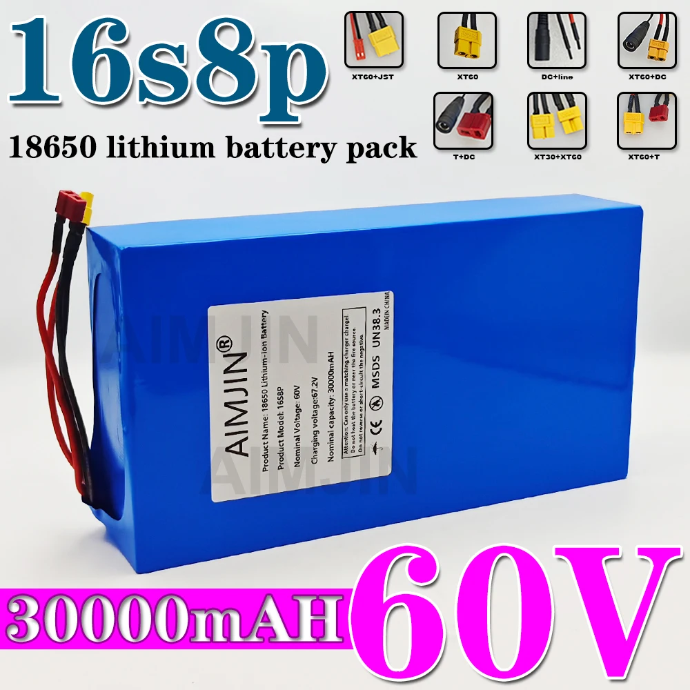 New 60V 30Ah 18650 16S8P lithium battery pack with BMS, 1000W-3000W high-power rechargeable battery for Scooter, bicycle