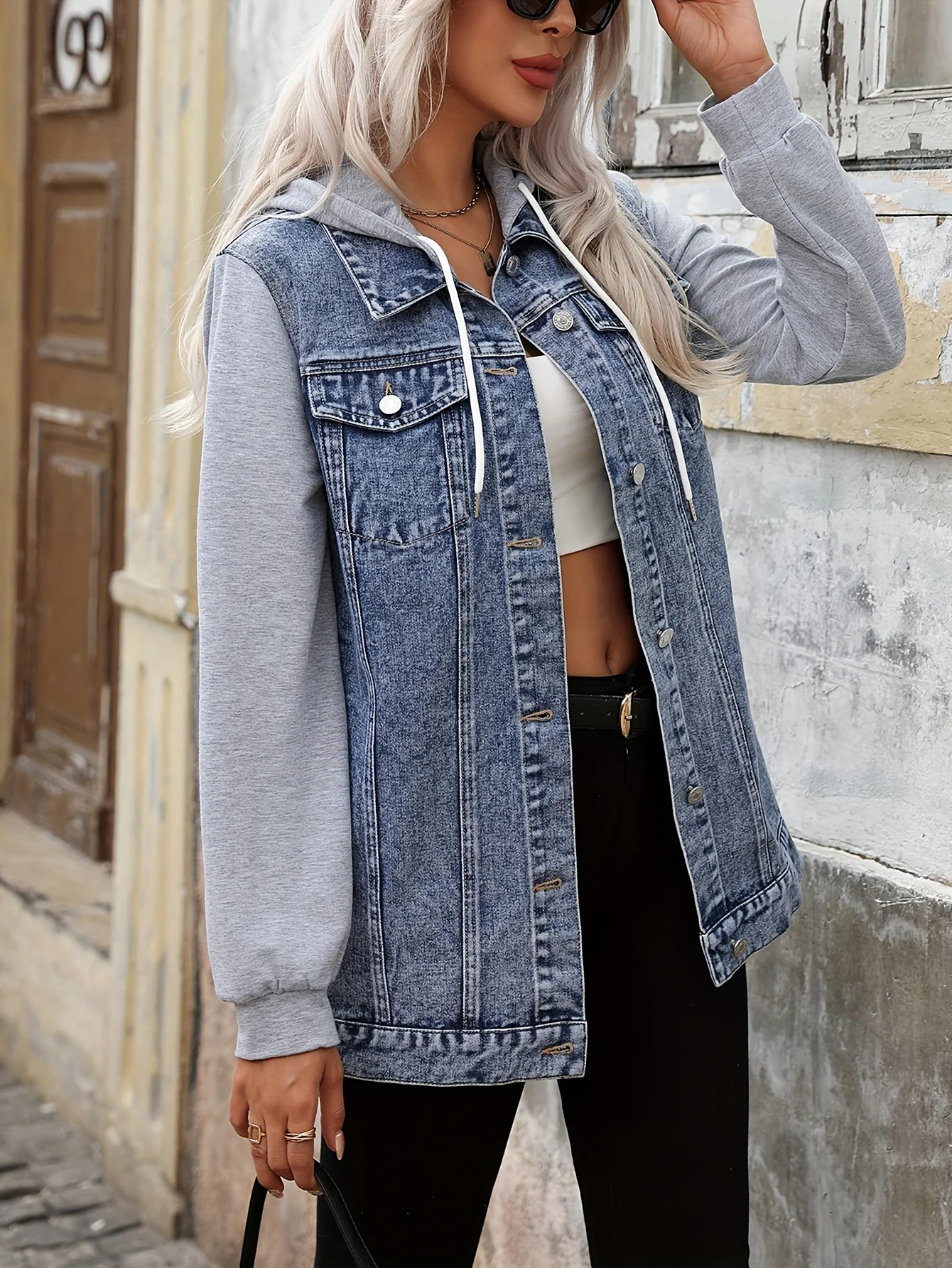 سترة الدنيم معطف المرأة فضفاضة خياطة طويلة الأكمام مقنعين البلوز #5