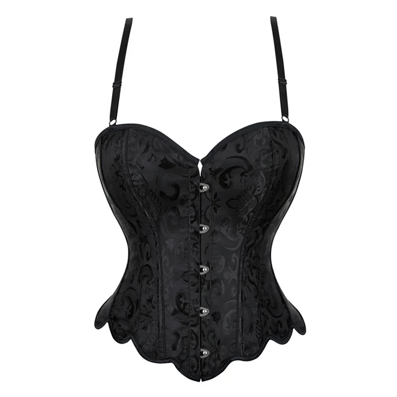 Black Sling Adjustable Corset Shapewear Women Jacquard Boned Corsets Push up Bustier Flower Wavy Edge