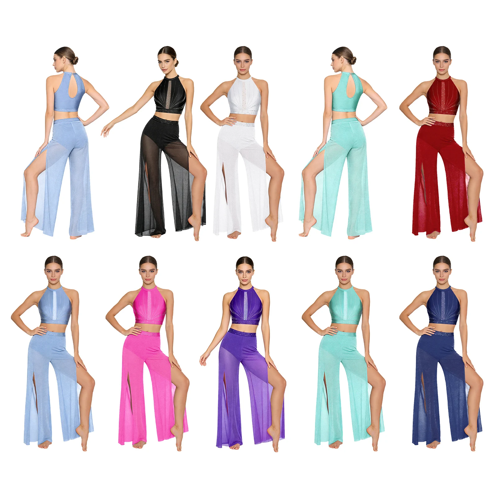 Women Ballet Dance Outfit Rhinestones Sleeveless Back Hollow-out Tank Top And Shimmering Mesh Legs Wide Leg Pants with Briefs