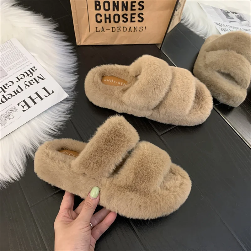 

Autumn and winter new mink hair rabbit hair flip-flops cashmere slippers women wear warm fashion thick flat fur shoes