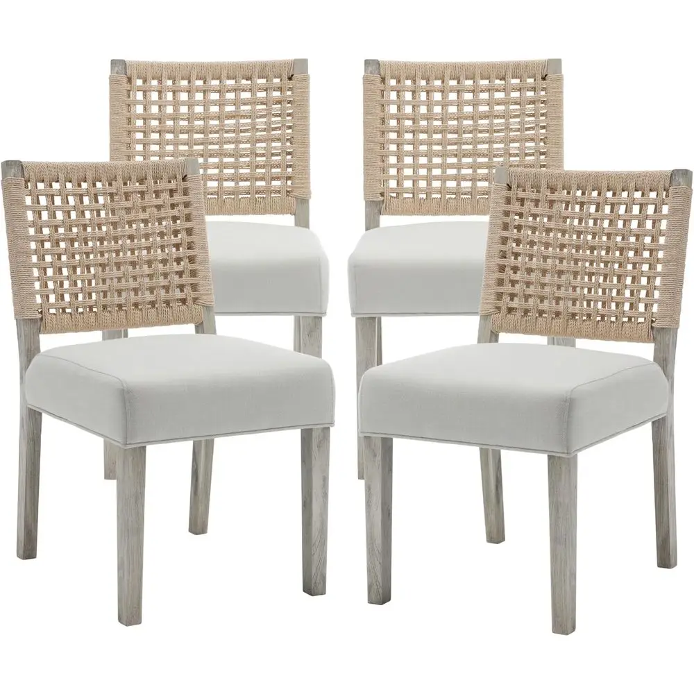 

Boho Style Dining Chairs Set of 4, Natural Woven Rope Back, White Gray Washed Wood Legs, Ivory Linen Seats