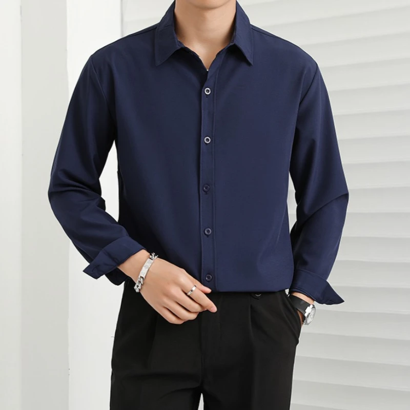 

High-end Ice Silk Dress Shirt Men Long Sleeve Casual Draped Dress Shirts Idle Style Non-iron Business Casual Lapel Collar Shirt