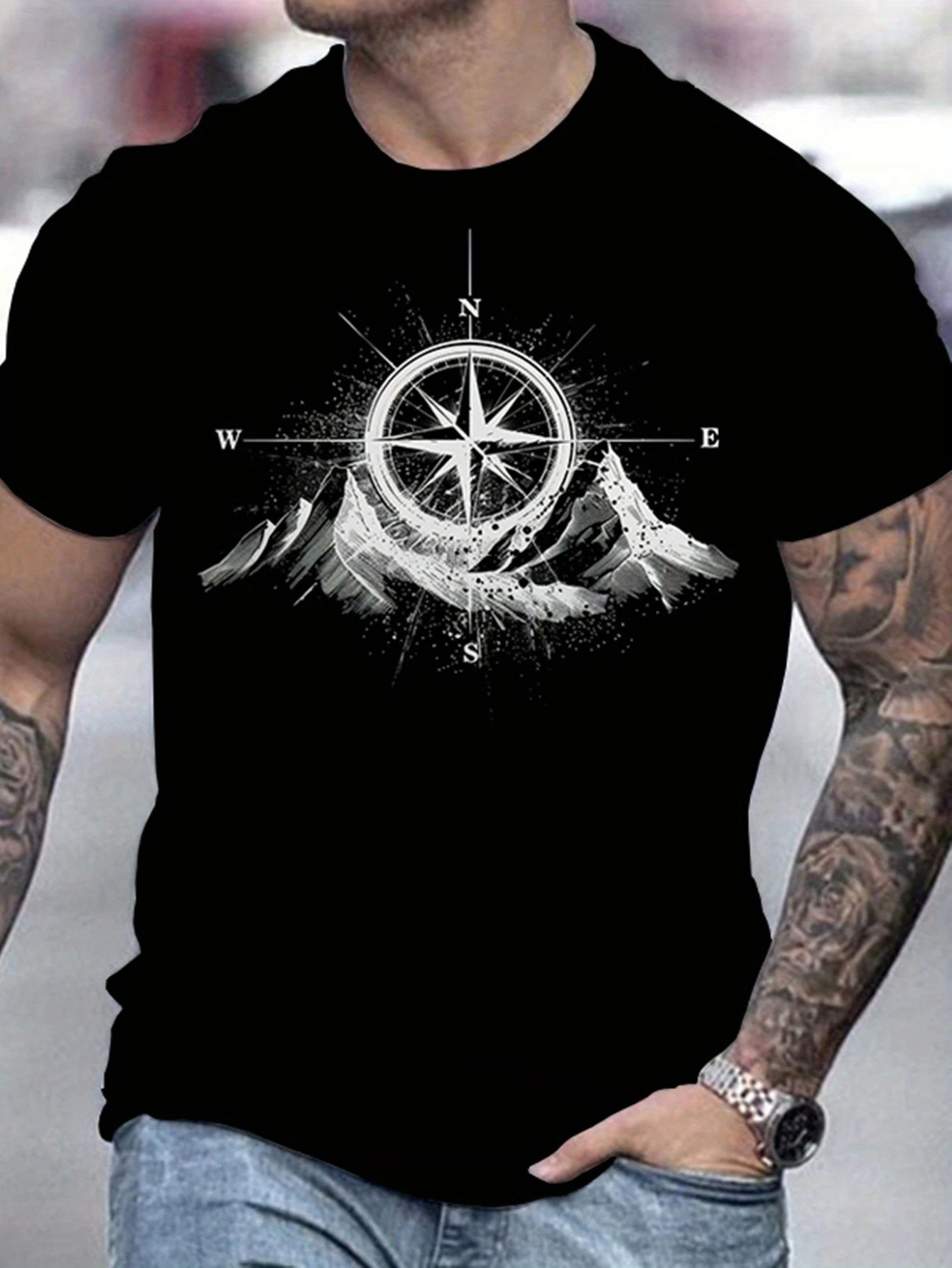 mariner's compass With Mountain Range Print, 100% cotton short sleeves Fabric, Round Neck, Summer Casual men's printed T-shirt