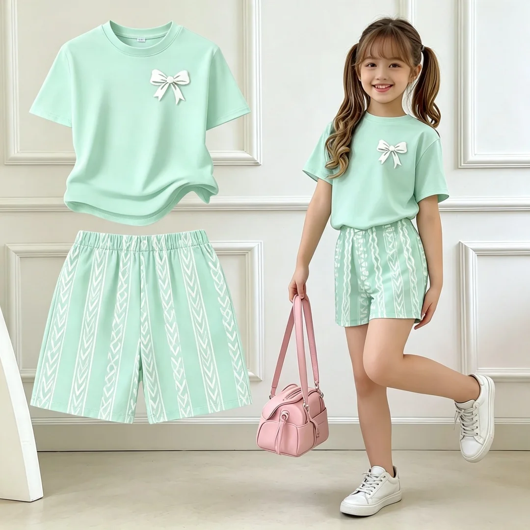 Mädchen-Set mit kurzärmeligem T-Shirt und Shorts mit Schleifenmuster, Frühling und Sommer, Back-to-School-Outfit, Y2K-Hippie-Kinder, weiche, lässige Alltagskleidung – Detail 7