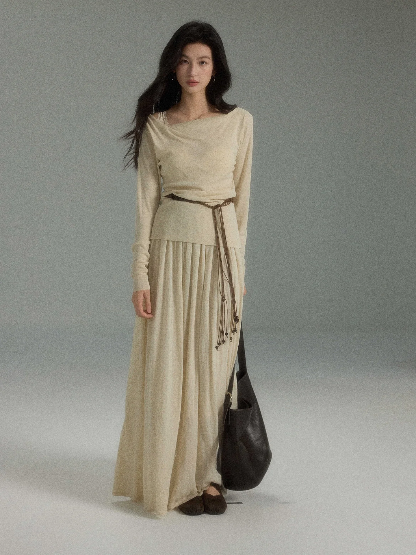 

Ele Loose Ne Long Dr Set Высокая талия Широкий HemLazy Sle Повседневный дизайн Женский вязаный свитер Китайский бренд Faion